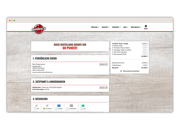 Smiley's Checkout mit Bestellübersicht, persönlichen Daten und Auswahl der Zahlungsart.
