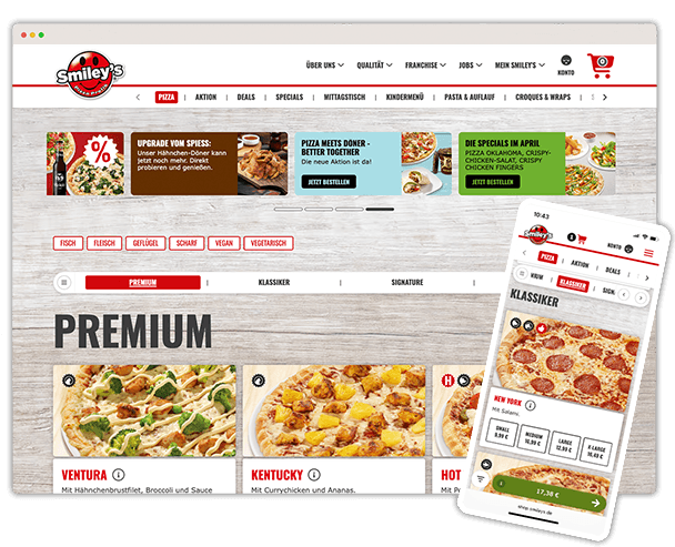 Smiley's Online Shop mit Pizzaübersicht und aktuellen Aktionen.