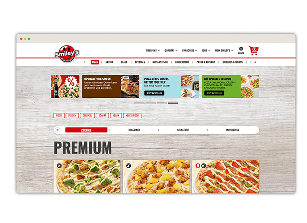 Smiley's Online Shop mit Pizzaübersicht und aktuellen Aktionen.